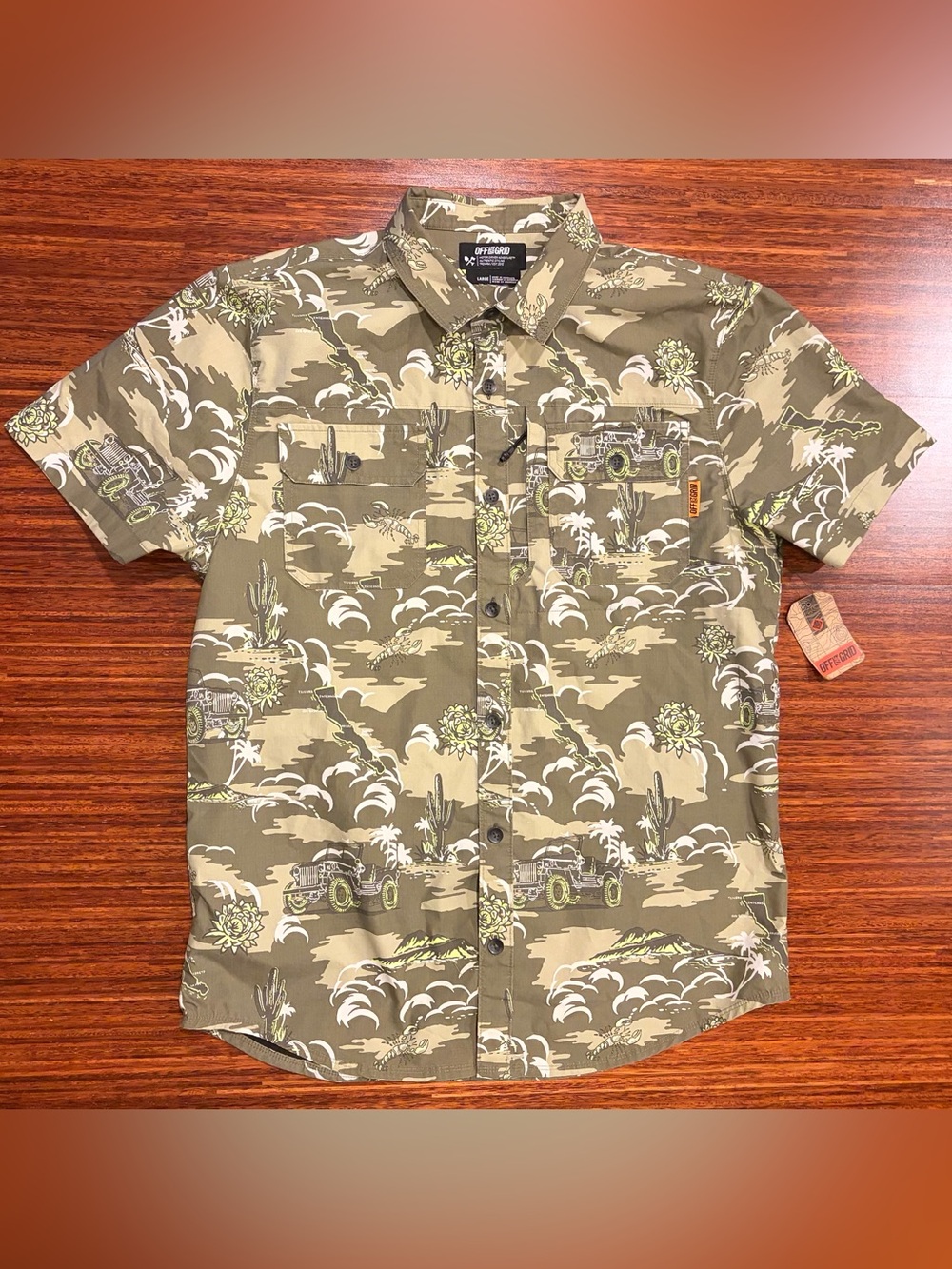 Off The Grid Shirt Mens Large Army Green Lightning Bolt Button Up Adventure Camo